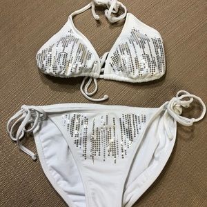 Silver & Gold sequins on a White Bikini- sz S/M